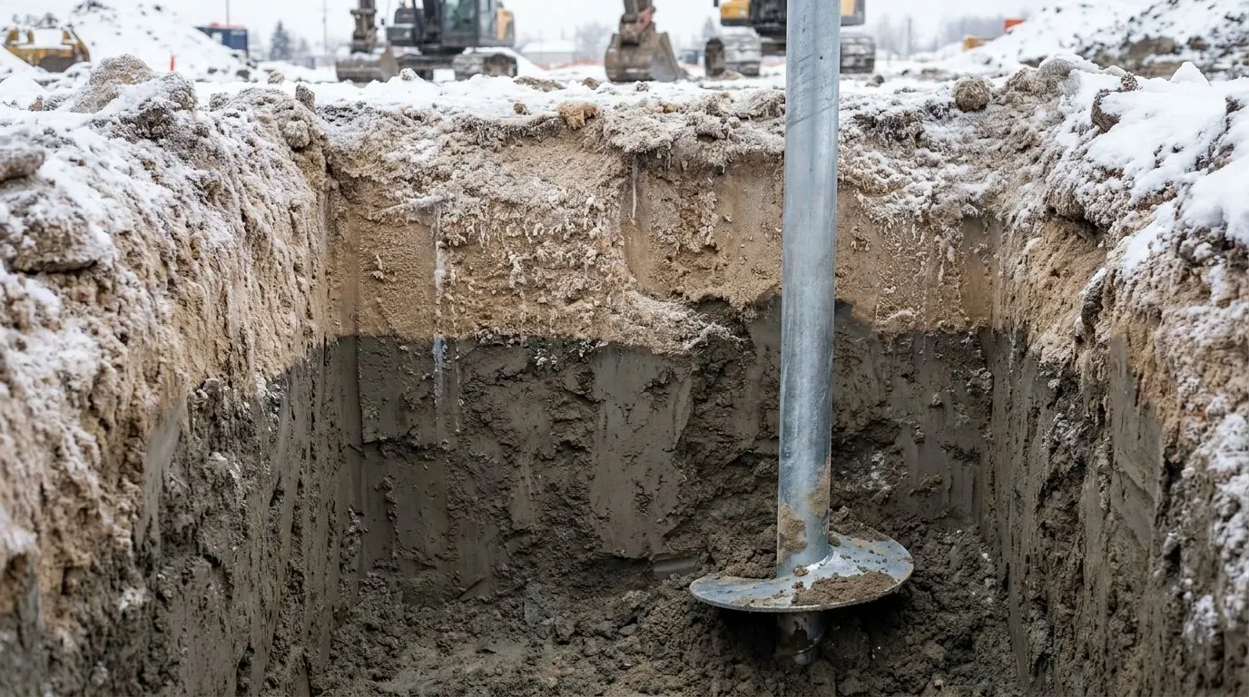 A cut section of Alberta soil showing the frozen upper layer above unfrozen clay below.