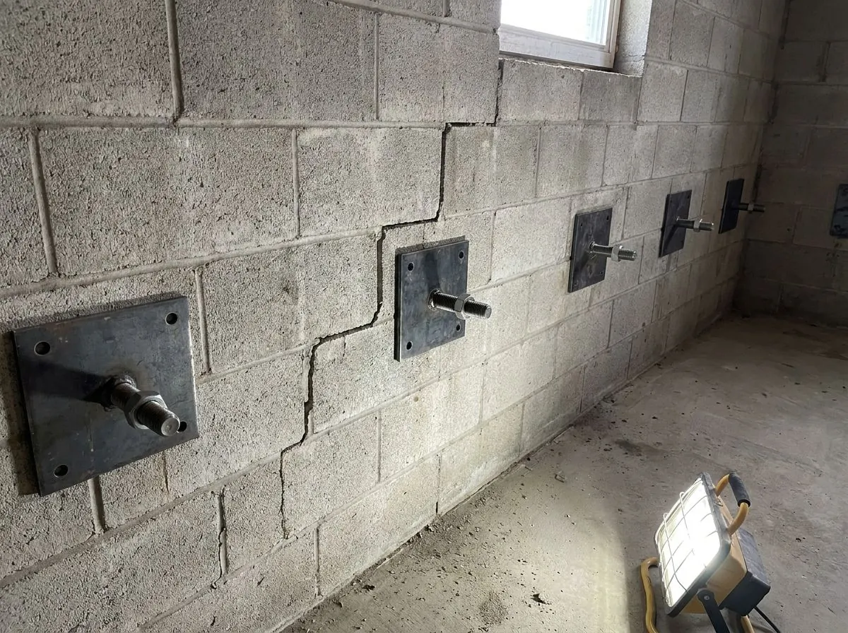 Steel wall plates set in a line along a concrete block basement wall, each secured by a nut on a short threaded stub, with a stepped crack running through the mortar joints behind them.