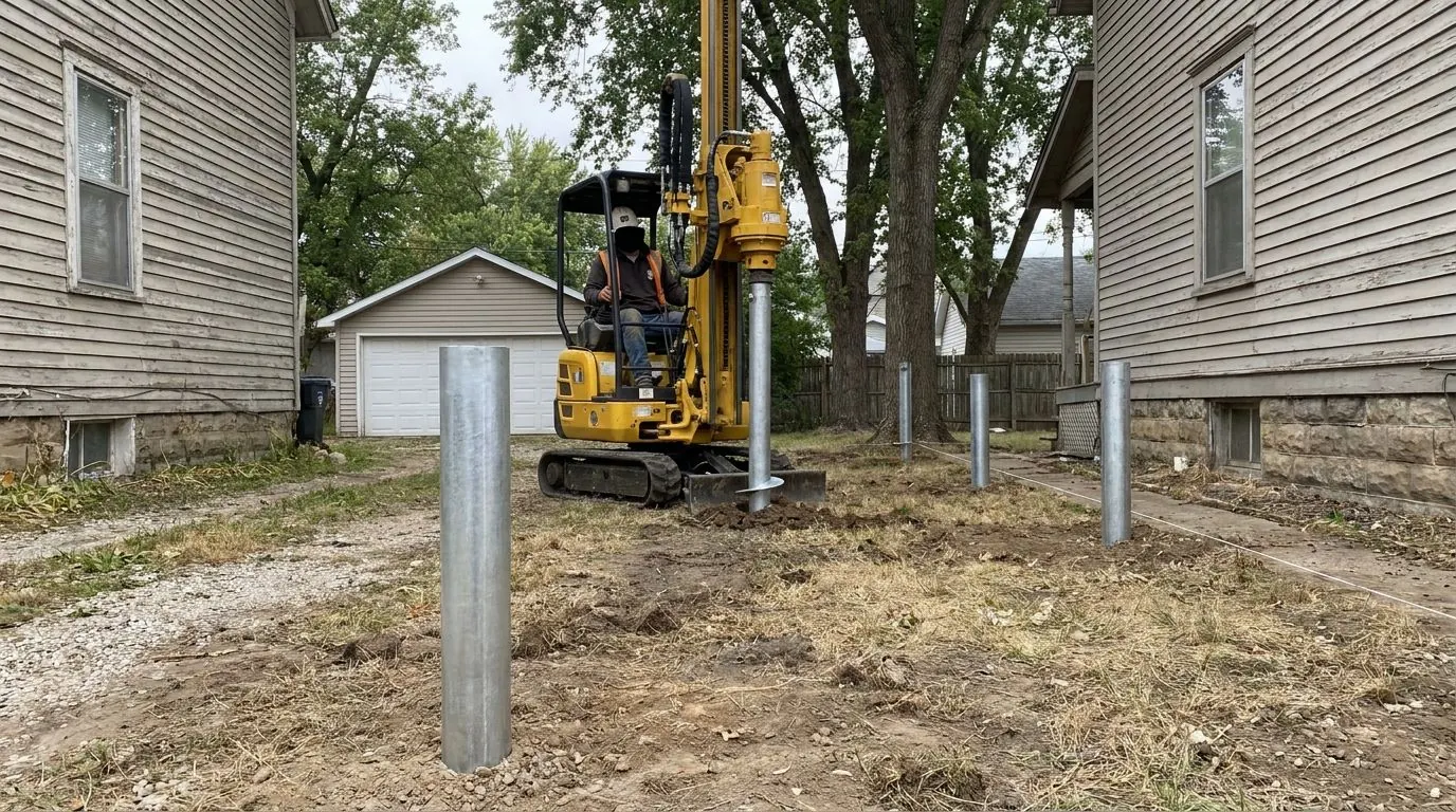 A compact machine installing a steel pile in a narrow inner-city Calgary back yard between two houses.