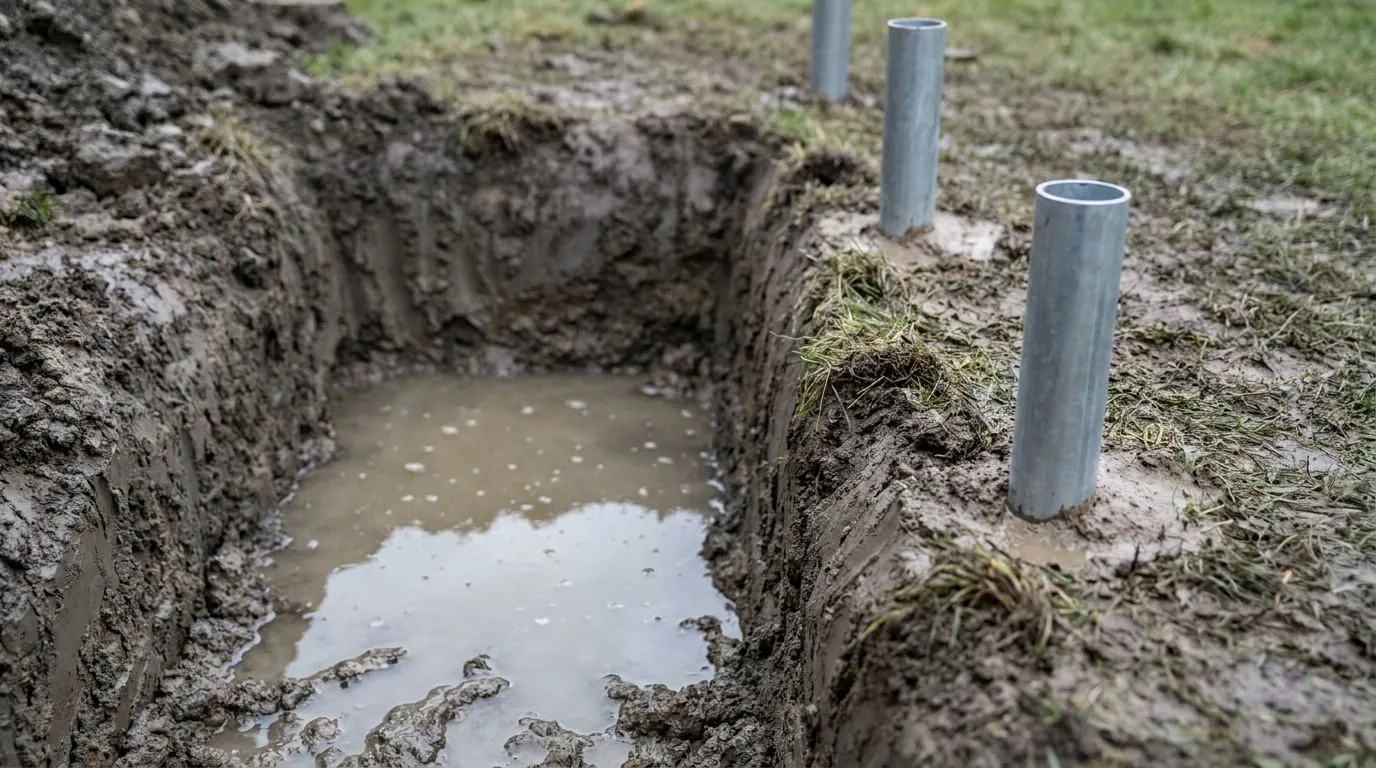 Water pooled in the bottom of a shallow test pit, showing a high water table.