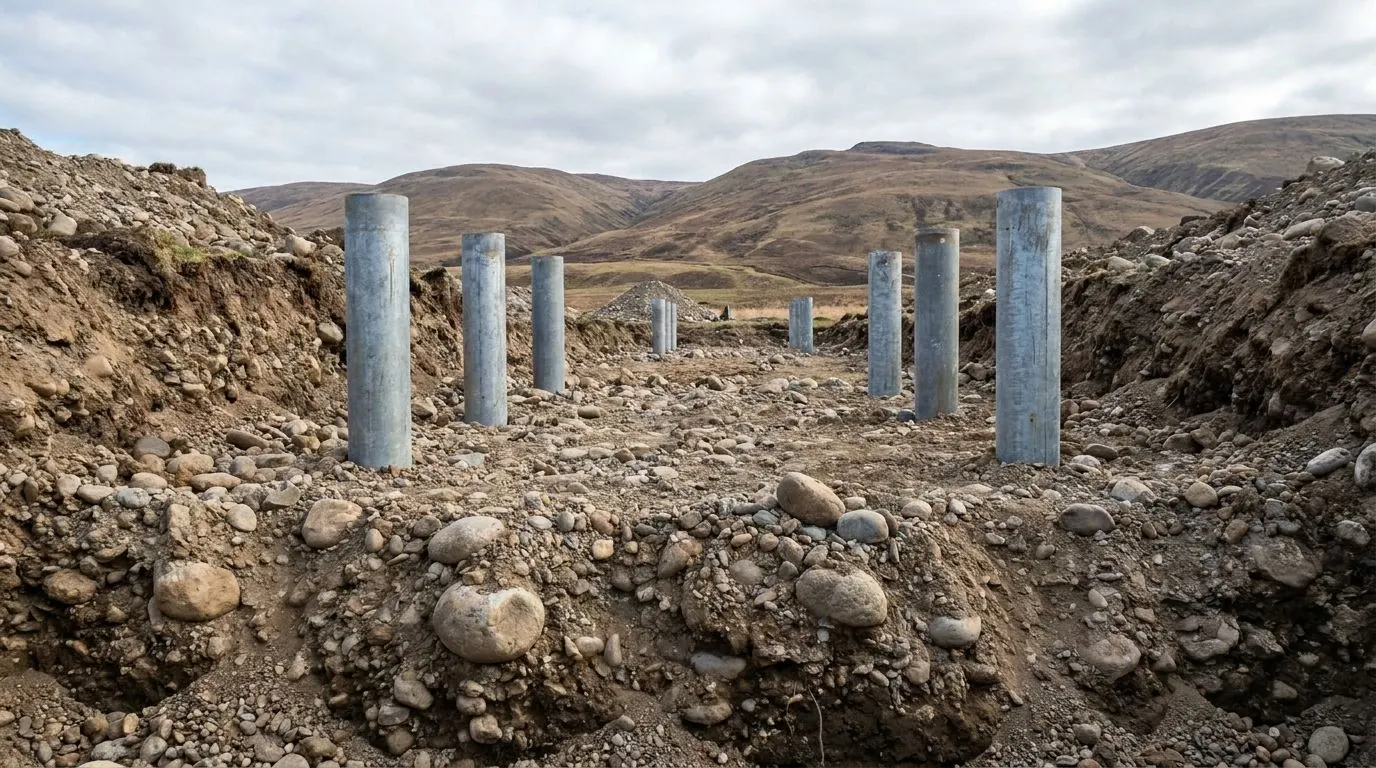 A cut bank exposing dense glacial till packed with large rounded cobbles.