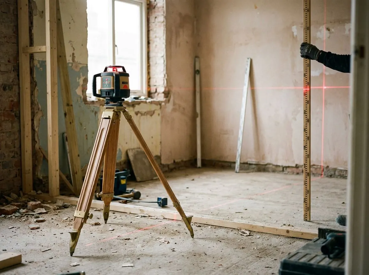 A rotary laser level on a tripod casting a red beam across a bare subfloor, with a levelling staff held against the wall of an empty room.