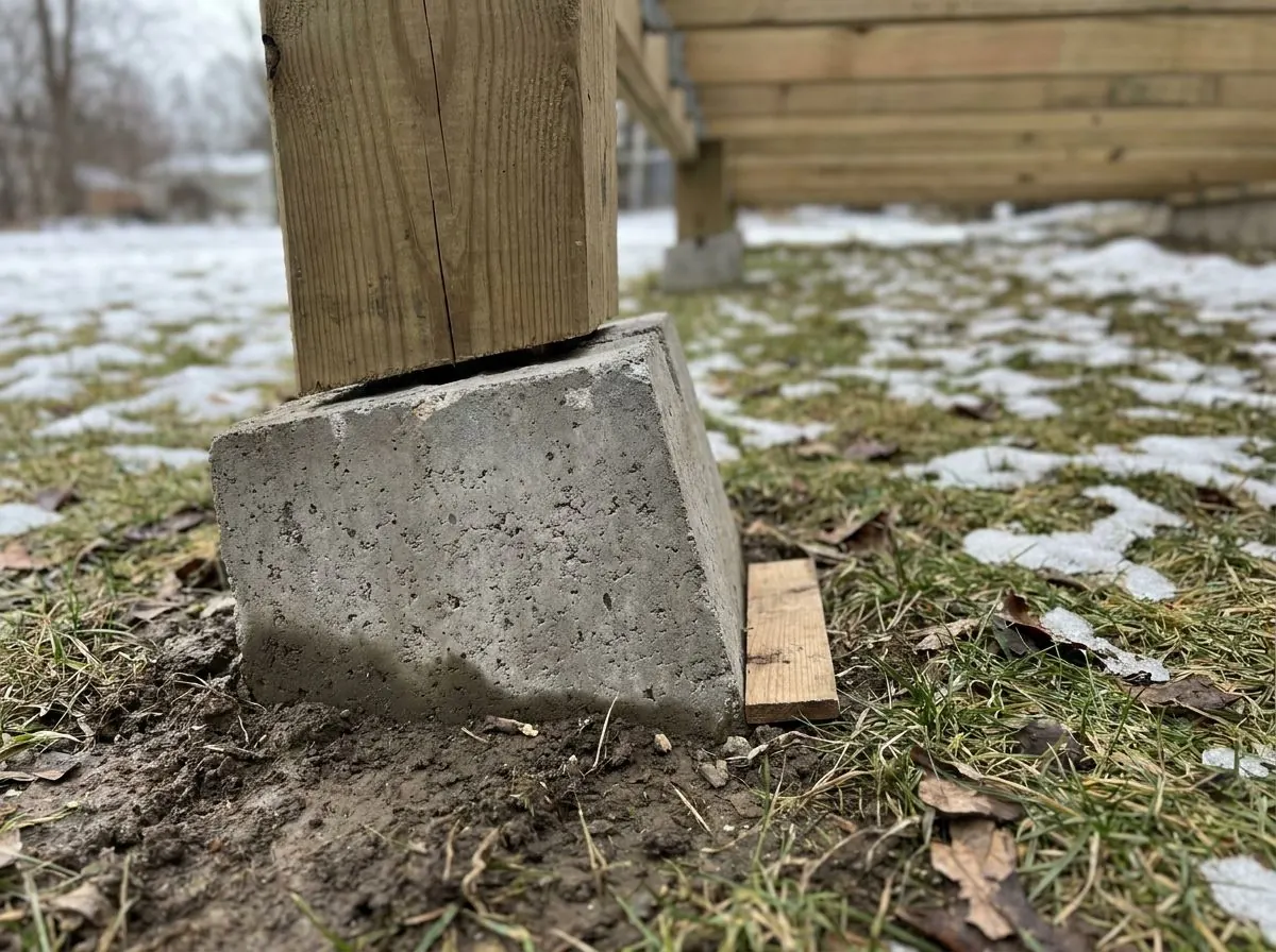 A precast deck block tilted out of level under a timber post, with a visible wedge-shaped gap opened between the post and the block.