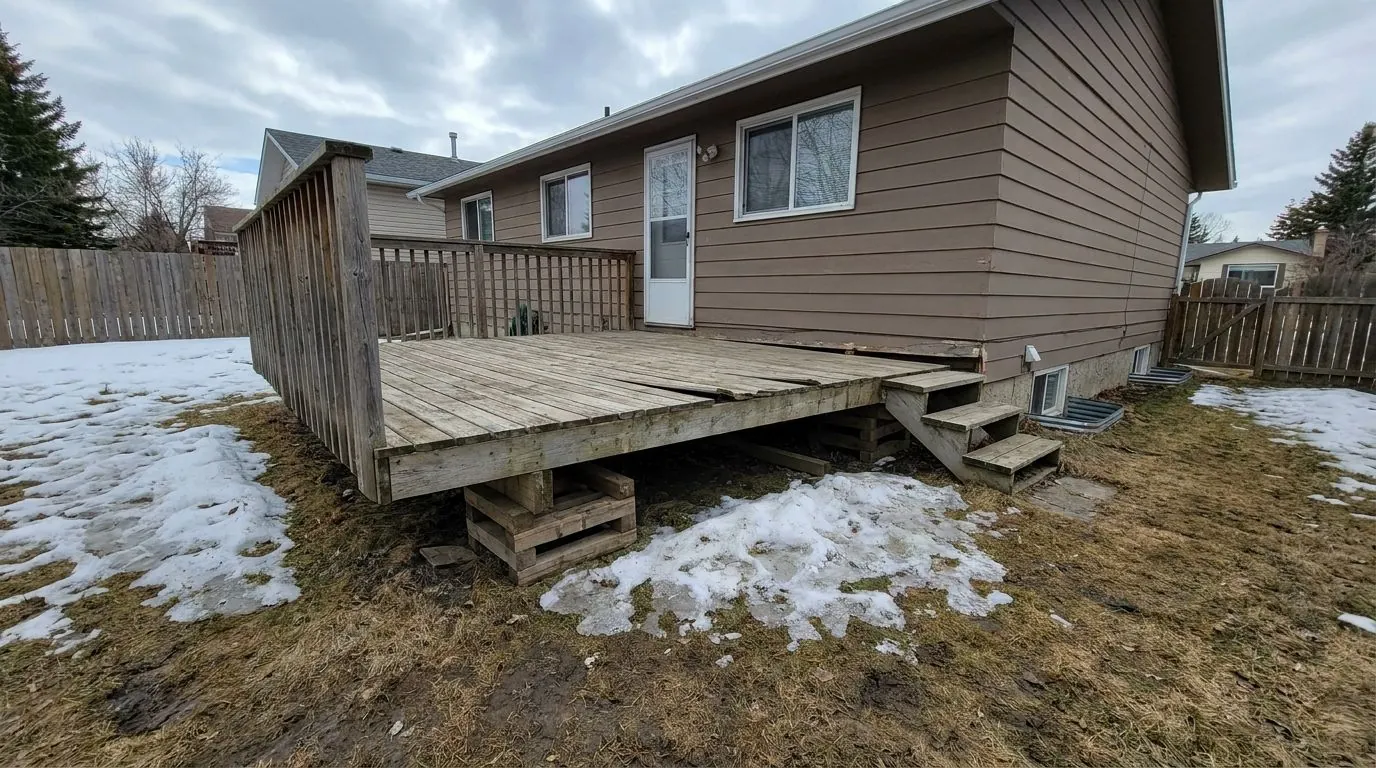 A small backyard deck visibly out of level where one corner has been lifted by frost.