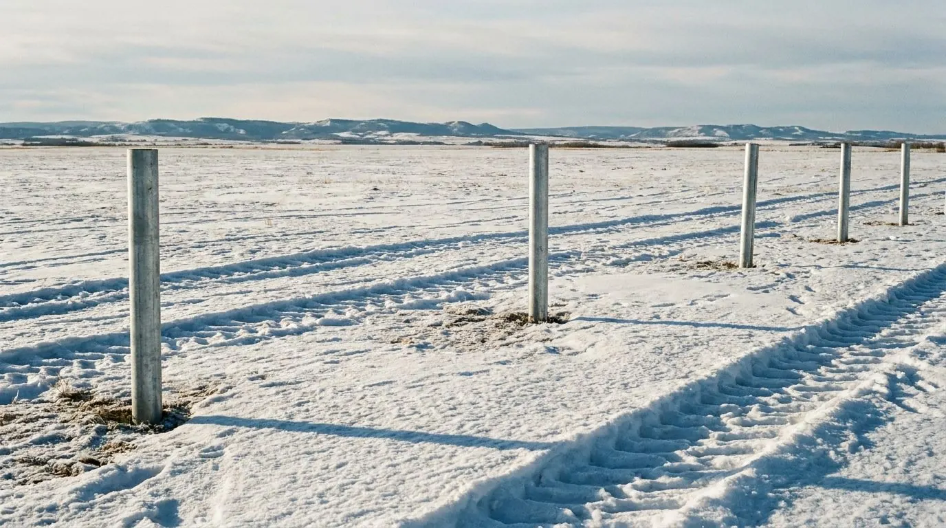Machine tracks crossing firm frozen ground on a rural site in winter.