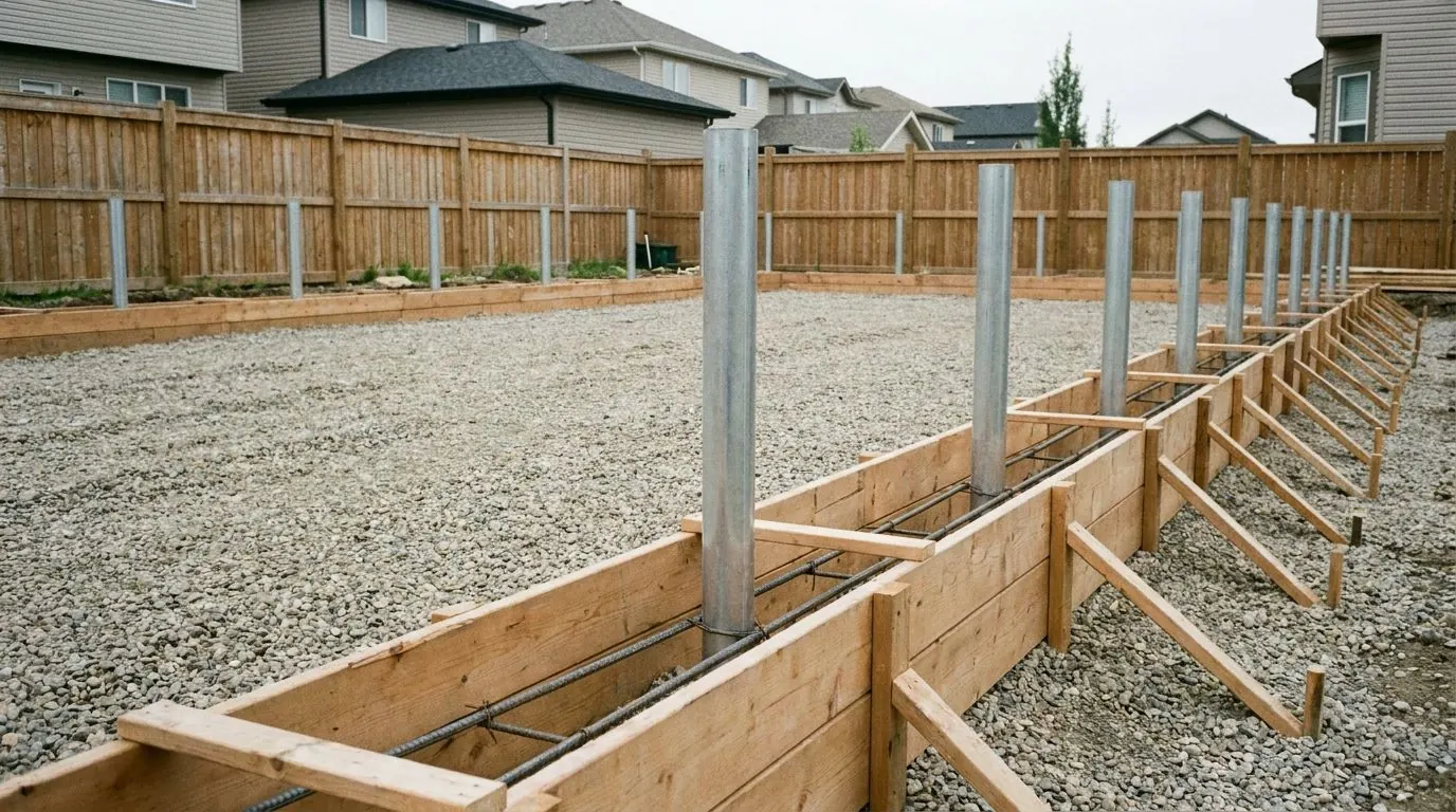 Timber formwork for a concrete grade beam running between installed galvanized pile heads on a prepared gravel pad.