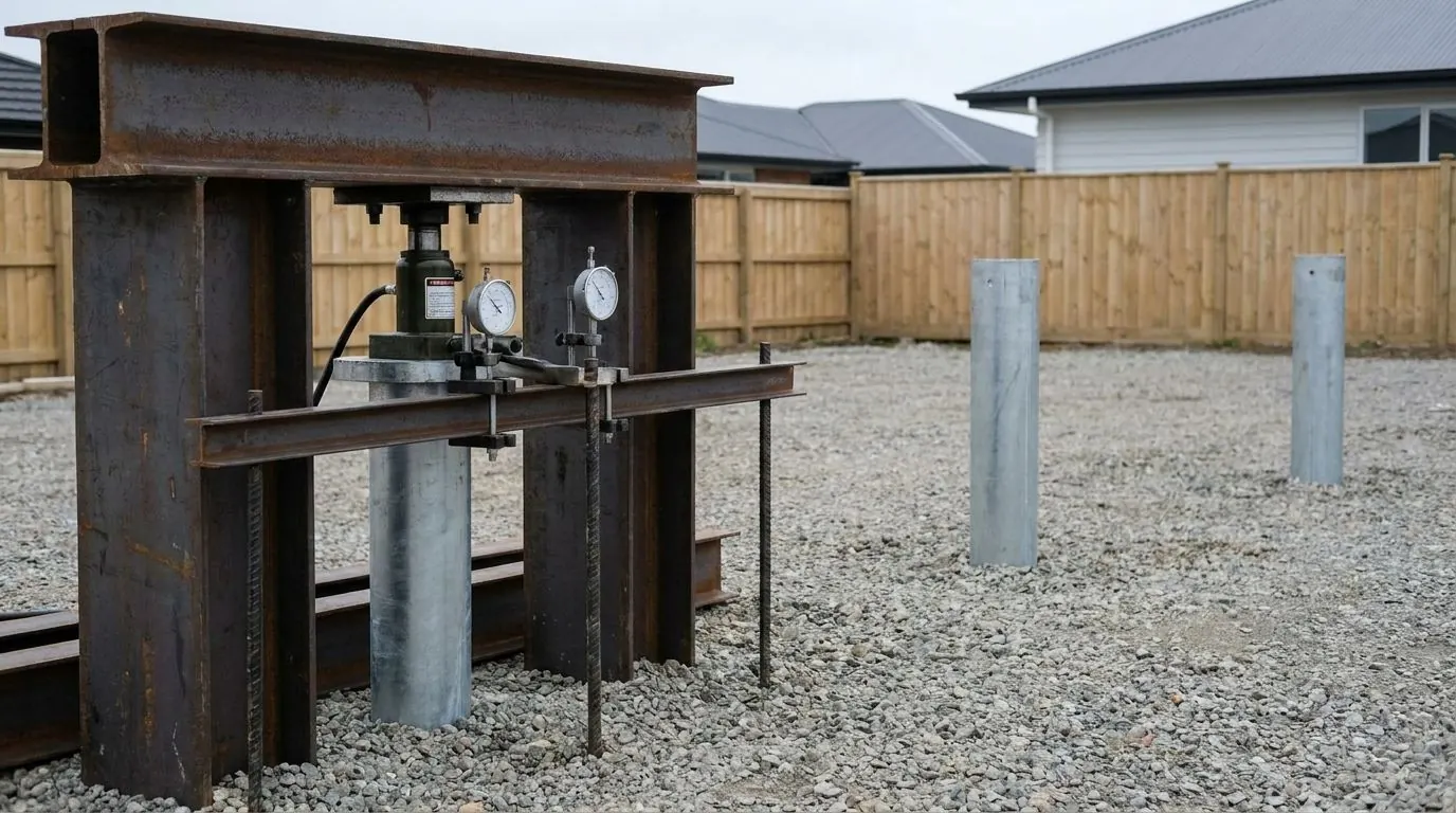 A load test frame with hydraulic ram and dial gauges set up over an installed steel pile.