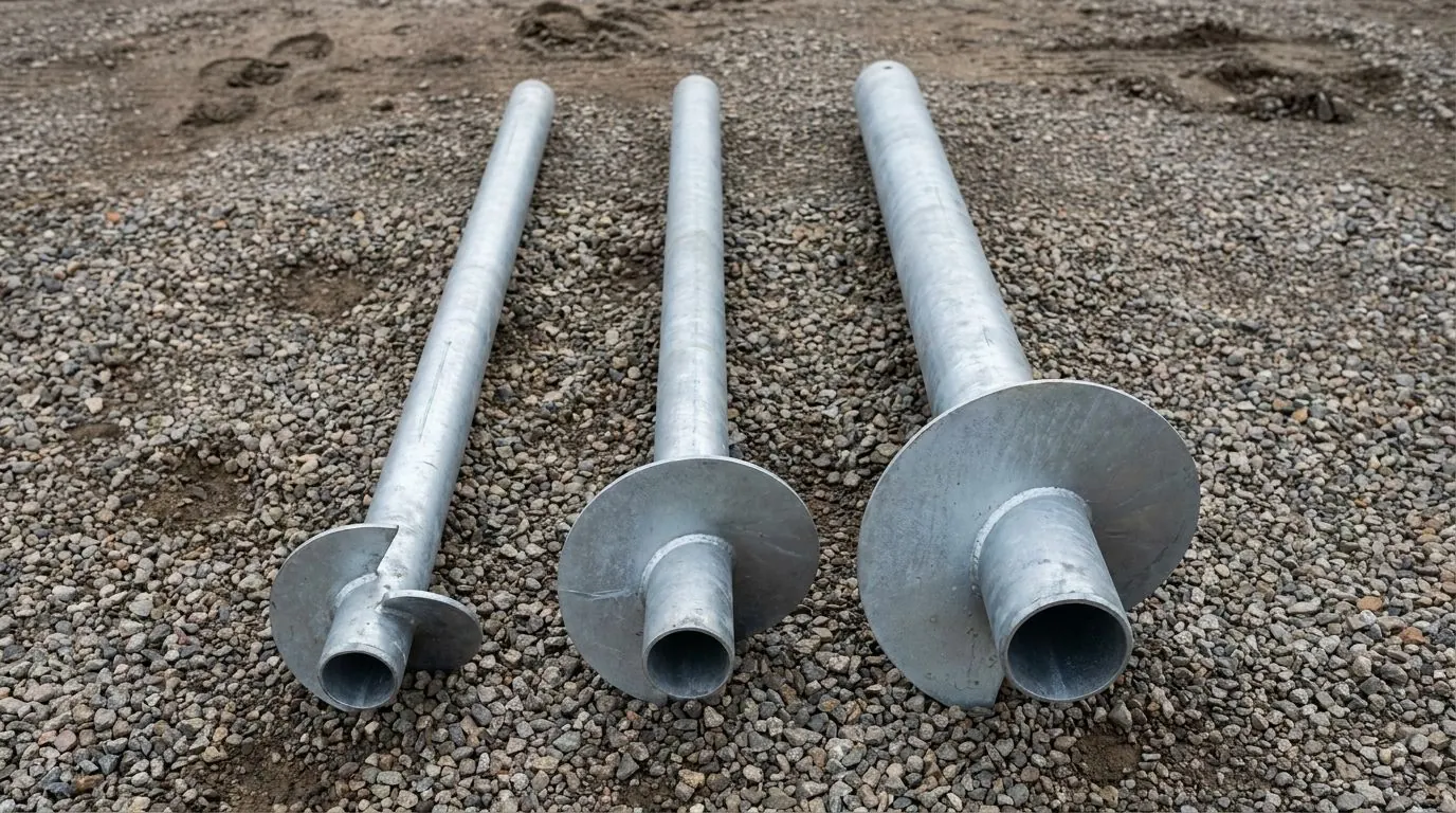 Three galvanized helical piles of increasing shaft diameter and helix size laid side by side on gravel.