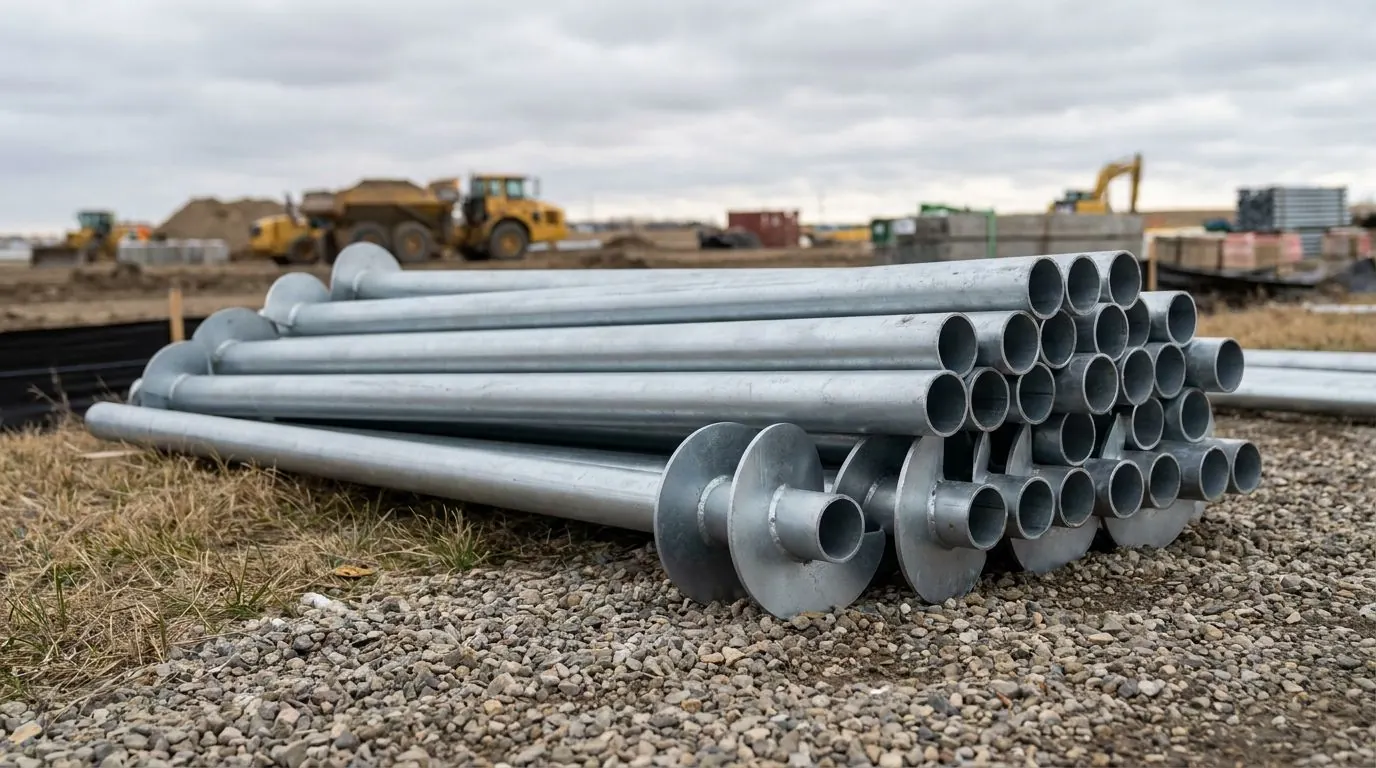 A bundle of galvanized helical piles stacked on a job site ready for installation.