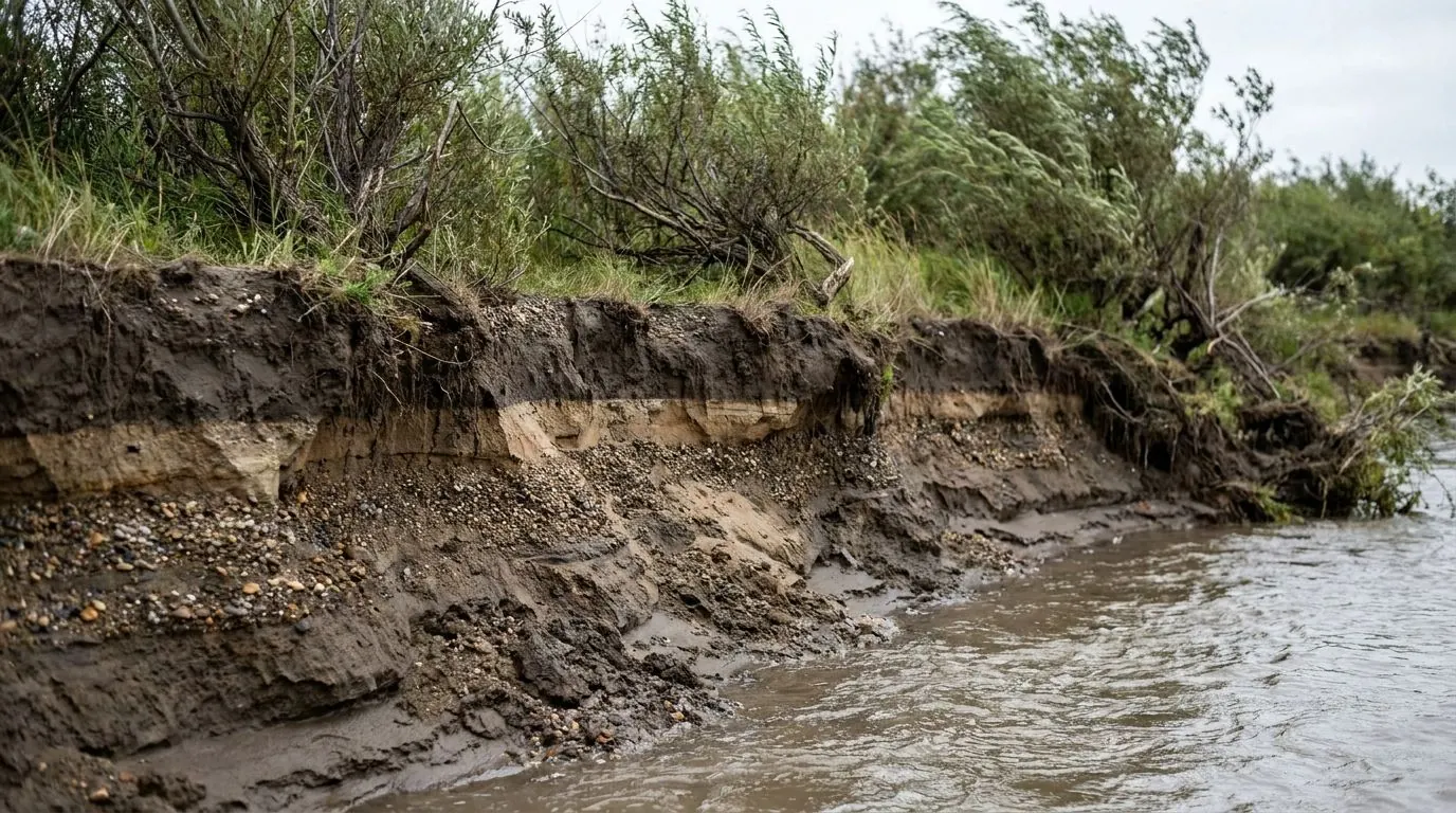 A river cut bank showing layered bands of silt, sand and fine gravel.