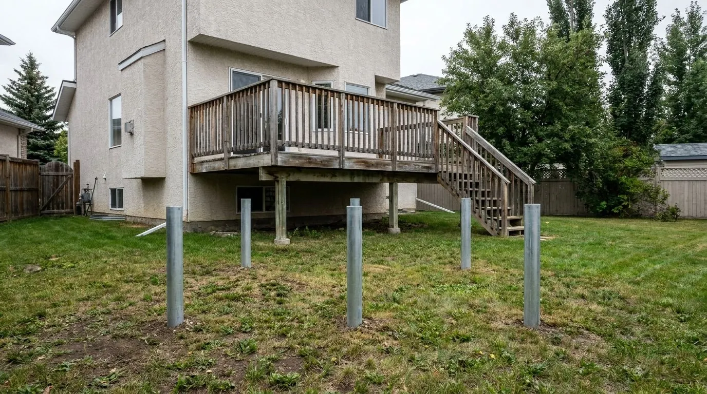 A raised timber deck attached to the back wall of a two-storey house, with stairs down to the lawn and steel pile supports visible underneath.