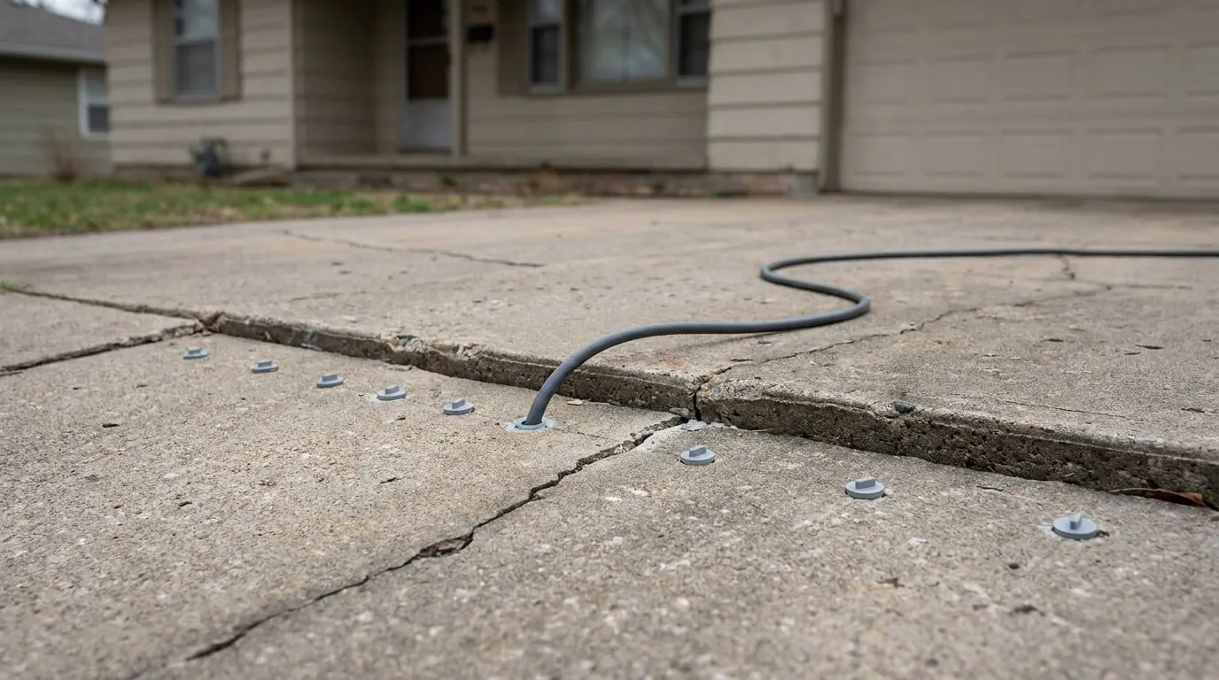 A concrete driveway slab that has stepped down at a joint, with a neat row of small injection ports drilled along it and a hose fed into one.