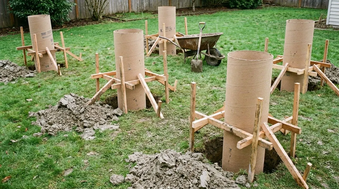 A row of cardboard tube forms standing in augered holes across a back yard, braced with timber offcuts, with heaps of excavated clay beside each hole.