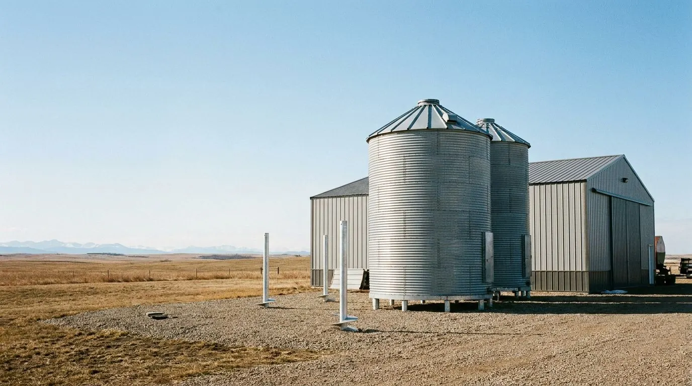 Corrugated steel grain bins standing on engineered steel pile foundations on a farm yard.