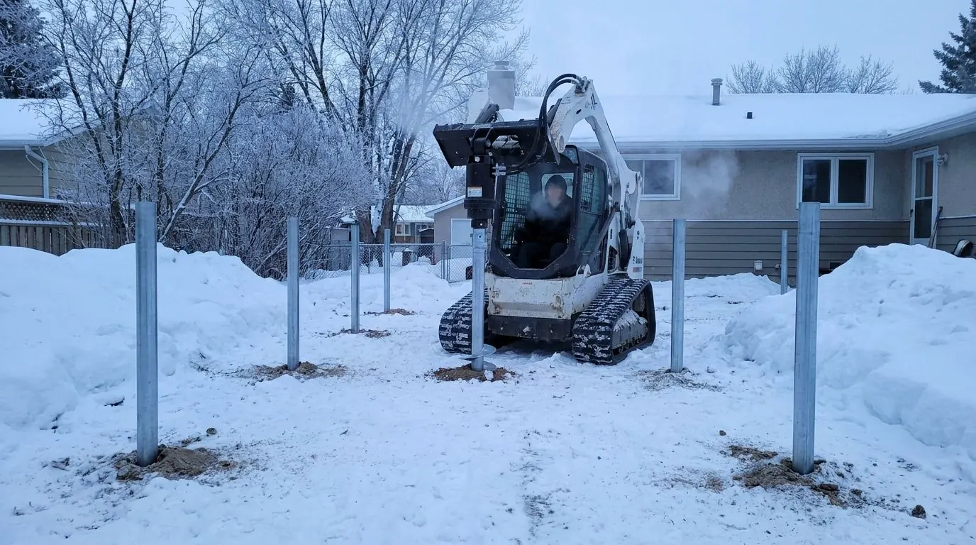 A tracked rig driving a steel pile through frozen snow-covered ground on a winter day.